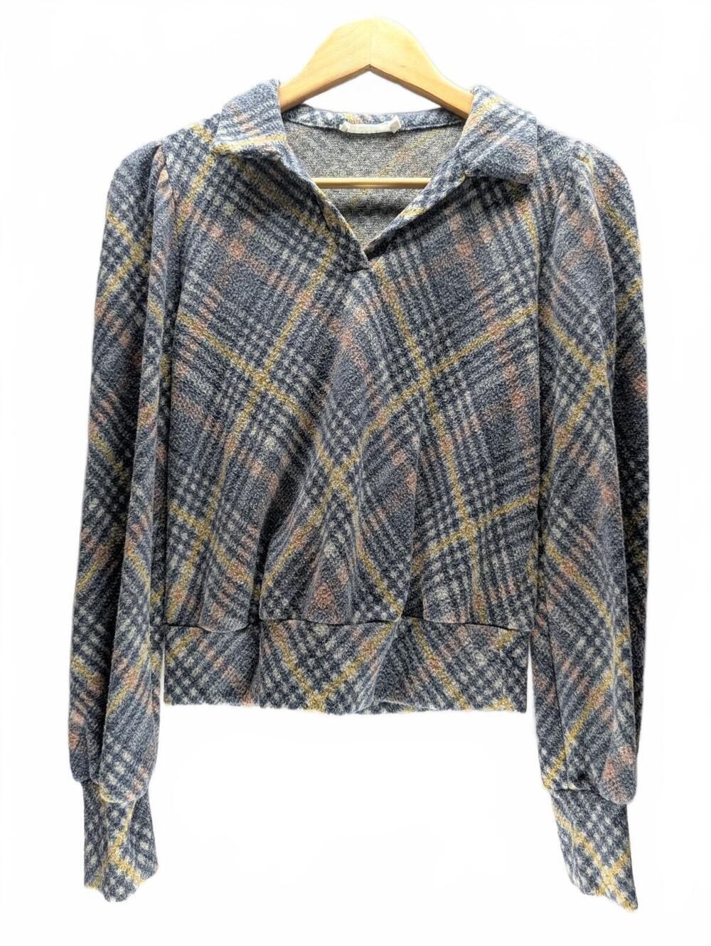 LUSH Women's Plush Plaid Blouse with Collar and Long Sleeves